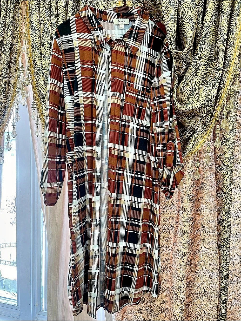 Love J Plaid Longline Shirt Jacket in Brown & White
